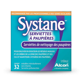 Systane wipe next to ruler showing 8.13 cm packet size for portability benefit