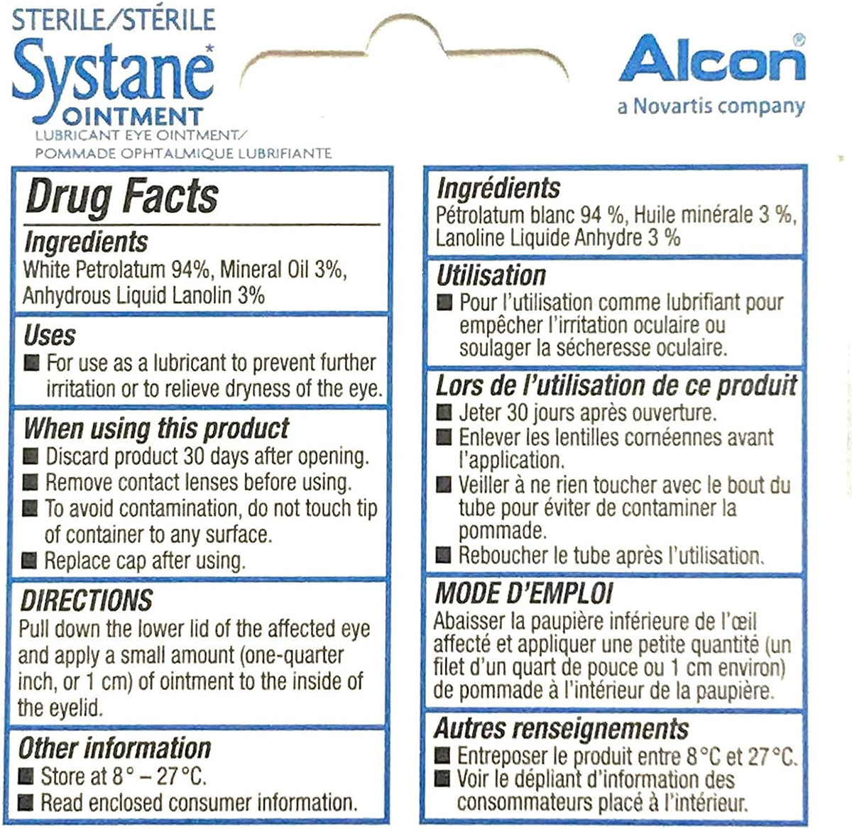 Systane ingredients label close-up showing petrolatum and mineral oil listing
