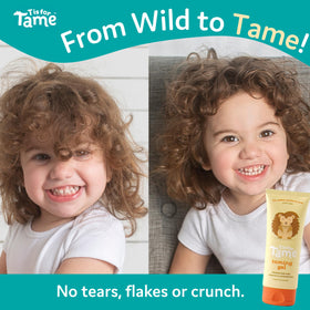 T is for Tame being applied to toddler hair for easy styling results