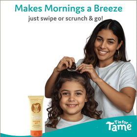 T is for Tame before and after photos demonstrating reduced frizz