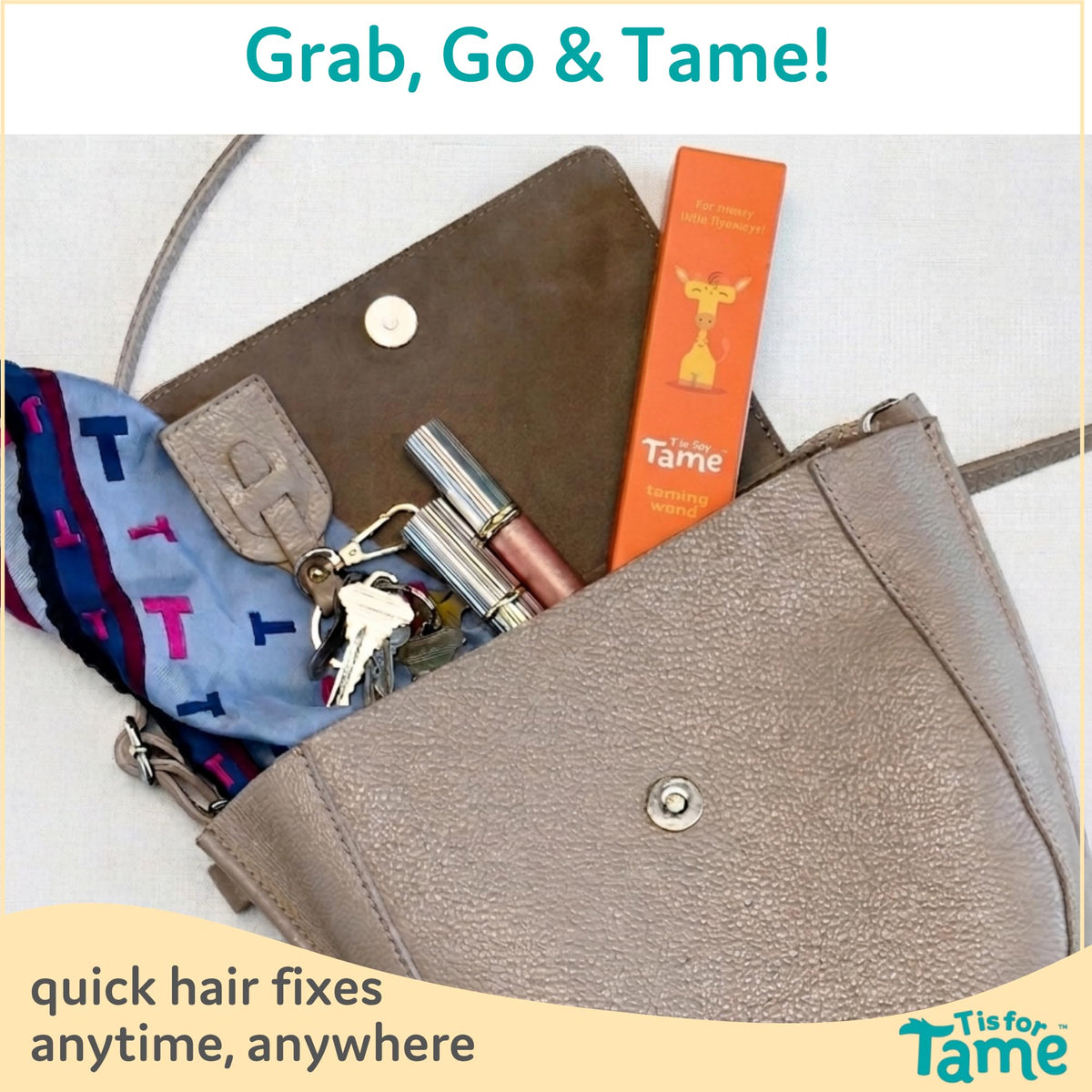 T is for Tame used on toddler in lifestyle scene for quick tidy styling