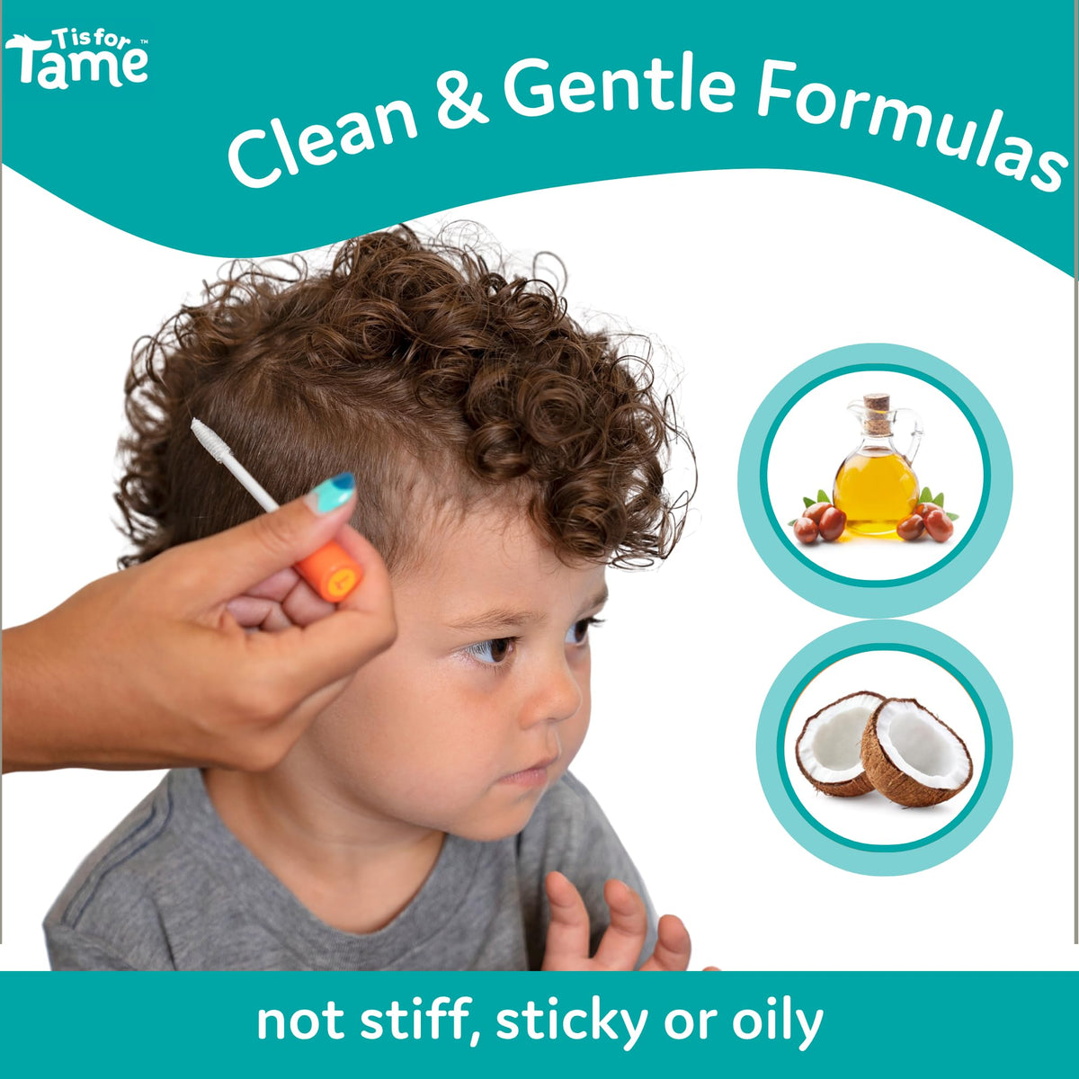T is for Tame in use on toddler hair showing quick smoothing and frizz control