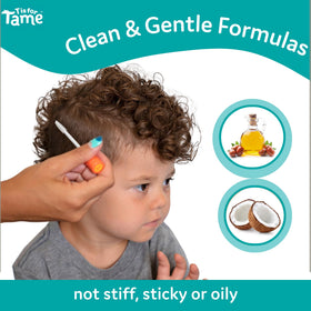 T is for Tame in use on toddler hair showing quick smoothing and frizz control