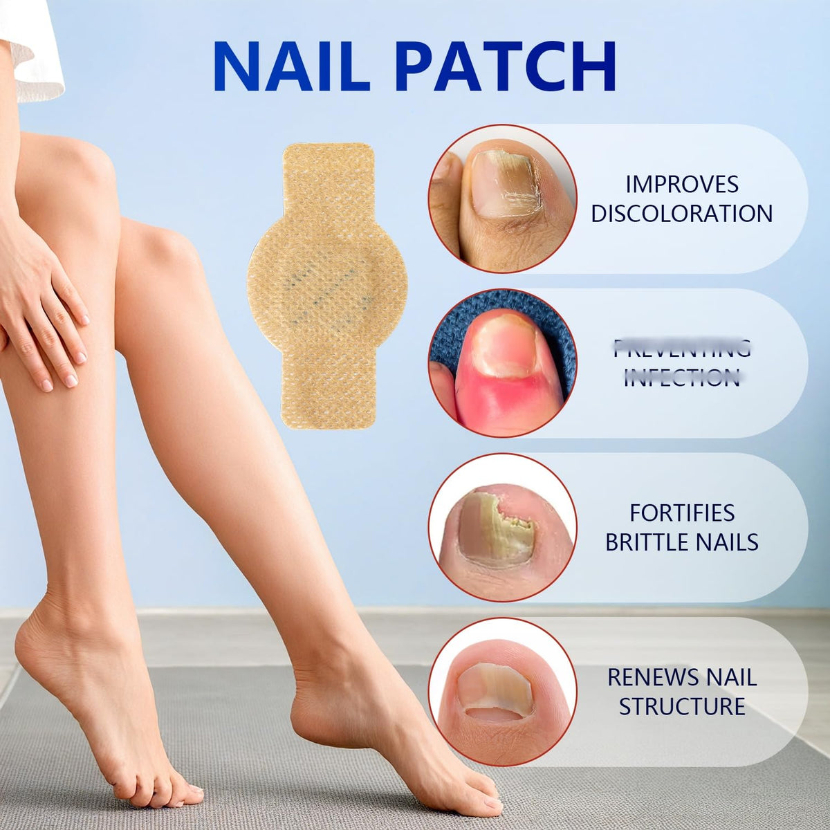 taakcc patch applied to toenail demonstrating secure overnight adhesion benefit