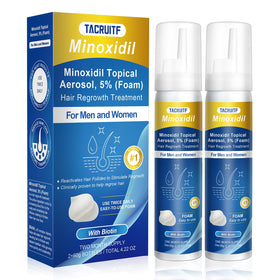 Tacruitf 5% minoxidil foam front packaging showing product and benefit