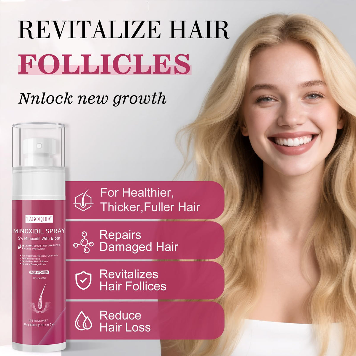 TAGOQHIA ingredients panel showing minoxidil and biotin