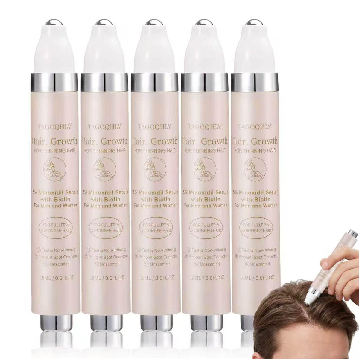 TAGOQHIA front packaging showing five 18ml roll-on bottles and labels, clear benefit of convenience