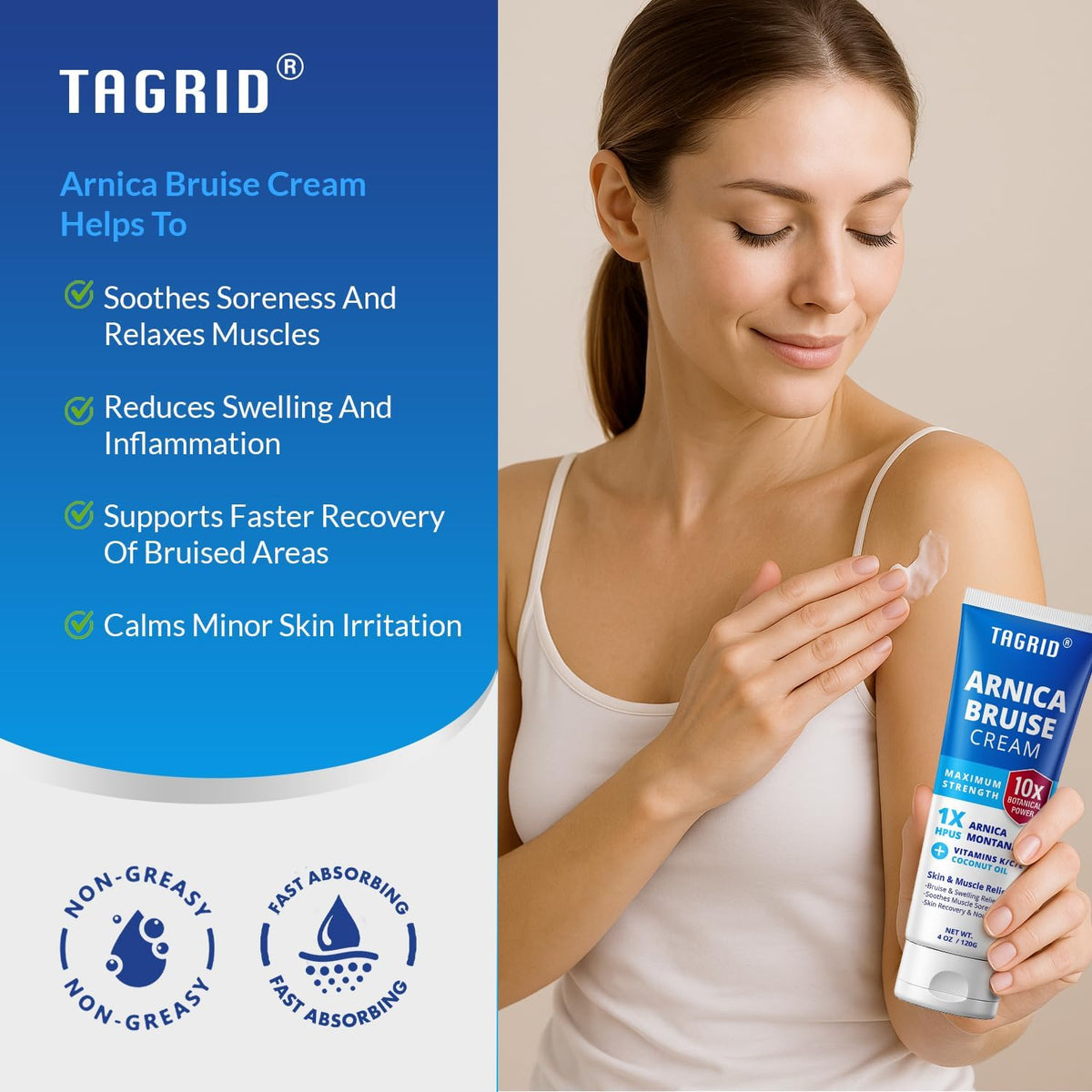 TAGRID cream being applied on forearm to reduce bruise and swelling