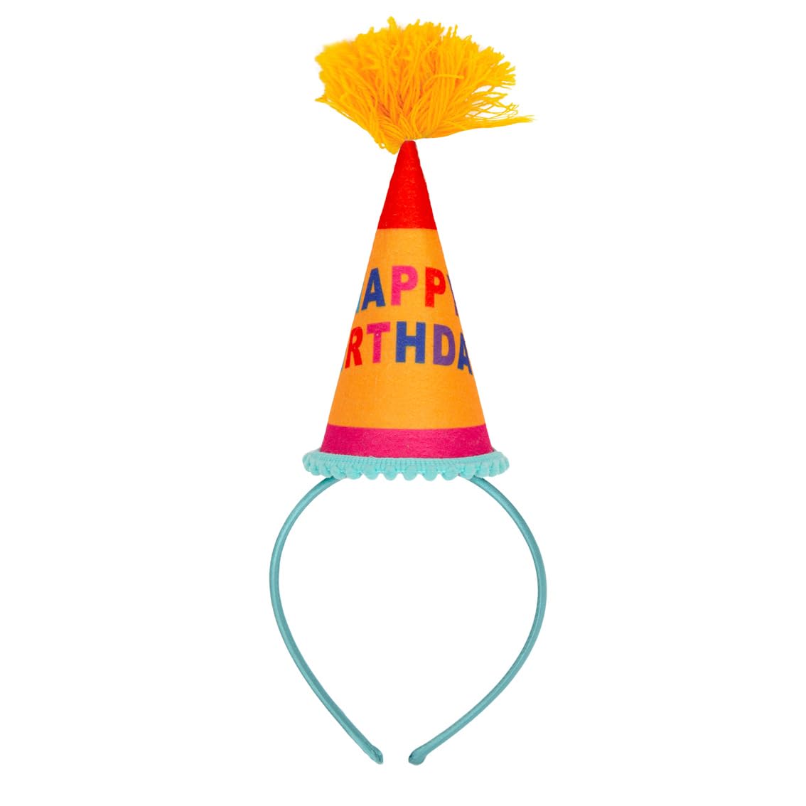 Talking Tables front view headband showing colorful Happy Birthday print and fit benefit