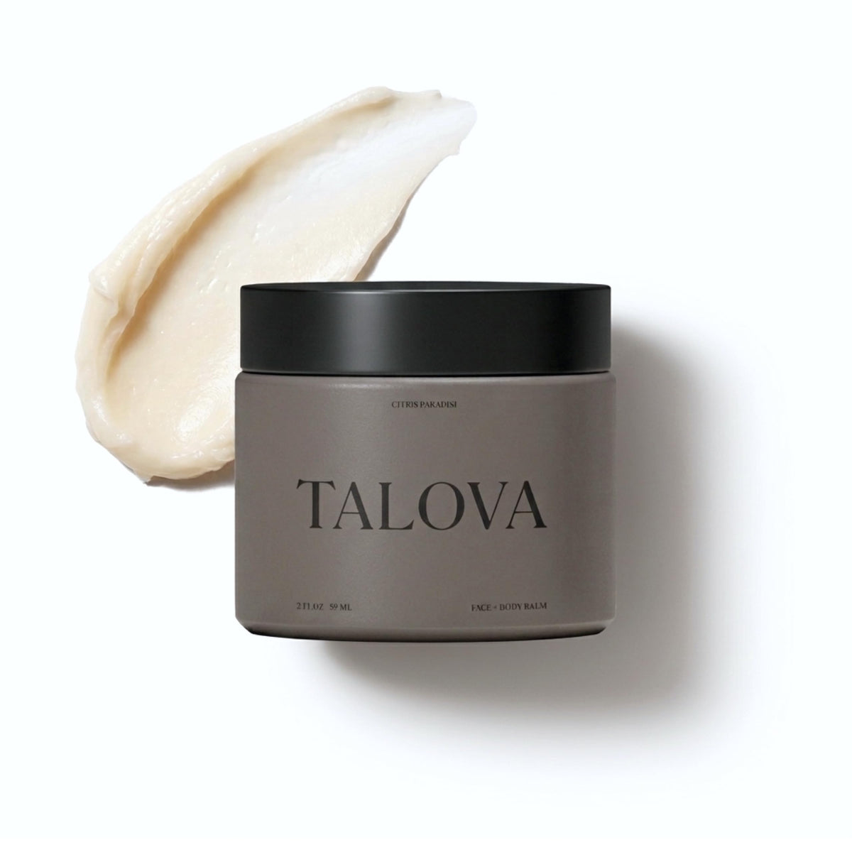 TALOVA jar front view showing label and packaging, communicates purity benefit