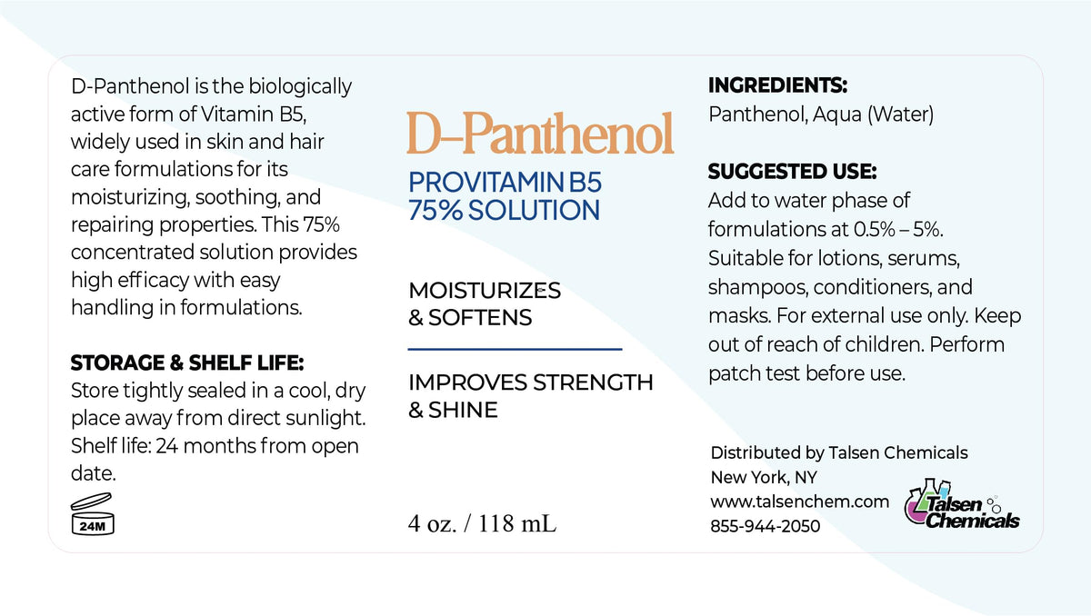 Talsen D-Panthenol label close-up displaying concentration and cosmetic-grade information