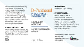 Talsen D-Panthenol label close-up displaying concentration and cosmetic-grade information