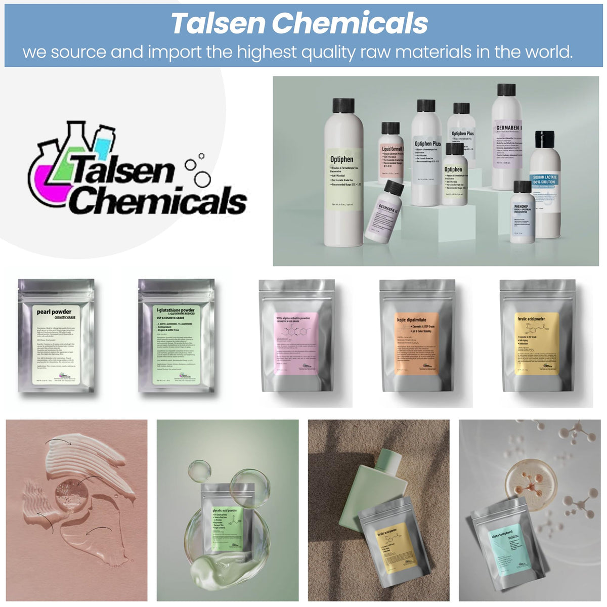 Talsen Chemicals bottle on a bathroom shelf beside cosmetics, illustrating everyday skincare use