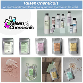 Talsen Chemicals bottle on a bathroom shelf beside cosmetics, illustrating everyday skincare use