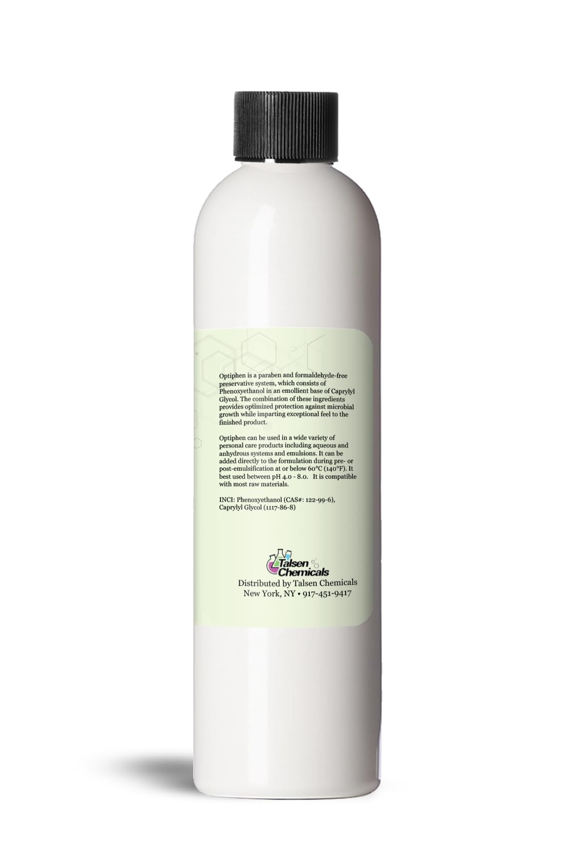 Talsen Chemicals Optiphen label closeup highlighting ingredient and compliance benefit