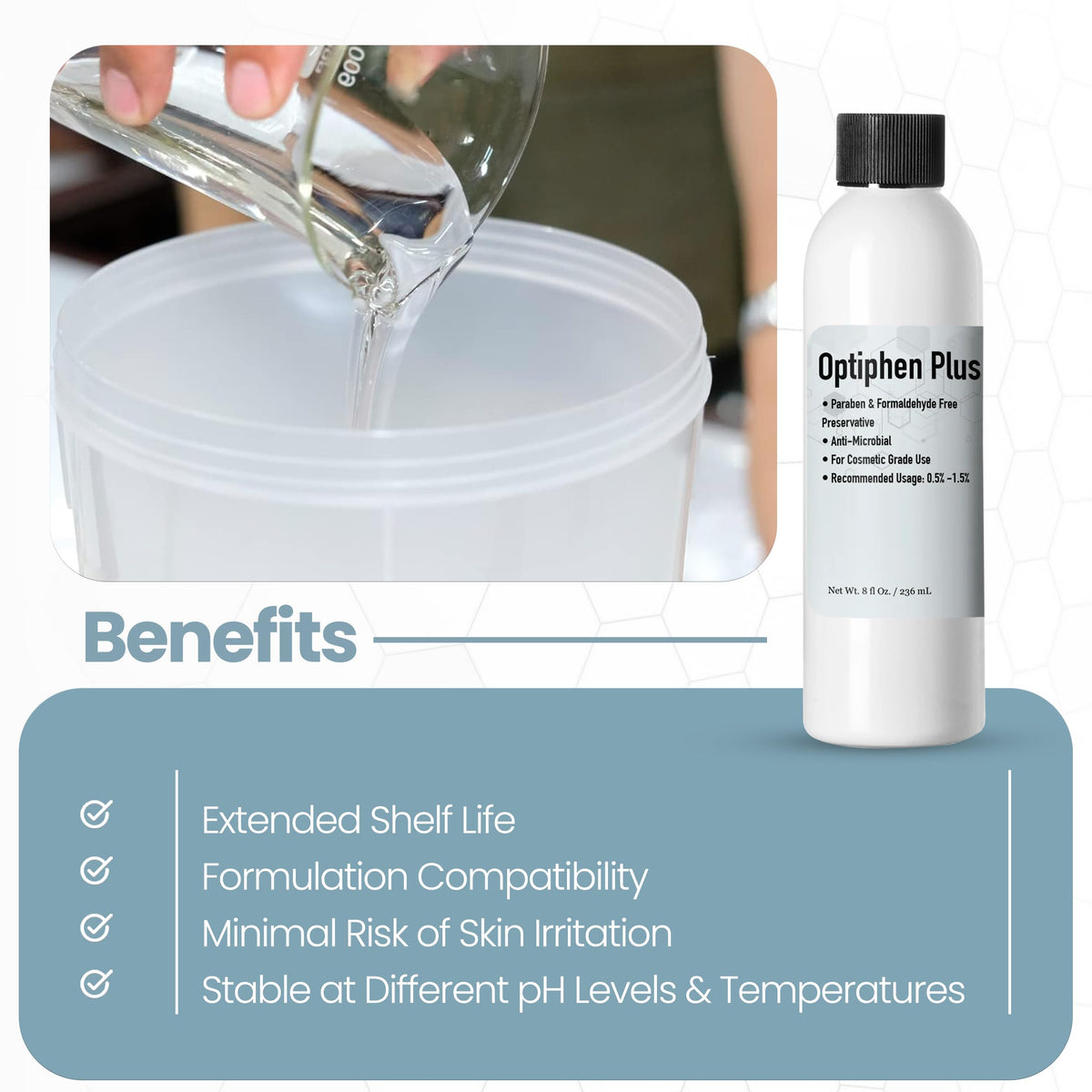 Dispensed Optiphen Plus liquid texture demonstrating easy mixing benefit
