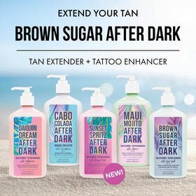 Tan Asz U bottle in tropical setting suggesting island scent and tanning mood benefit