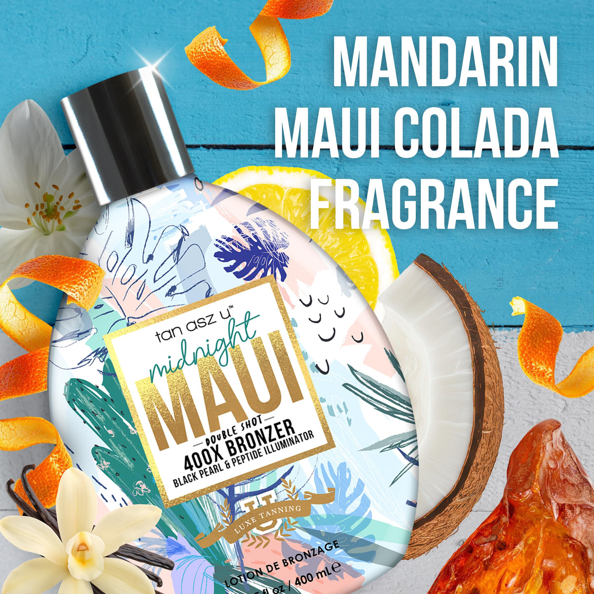 Tan Asz U bottle beside a hand to show 13.5 fl oz size and travel convenience