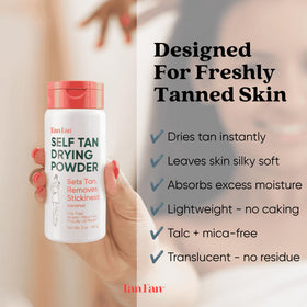 Tan Fan brush applying powder in hand to absorb moisture and reduce tackiness