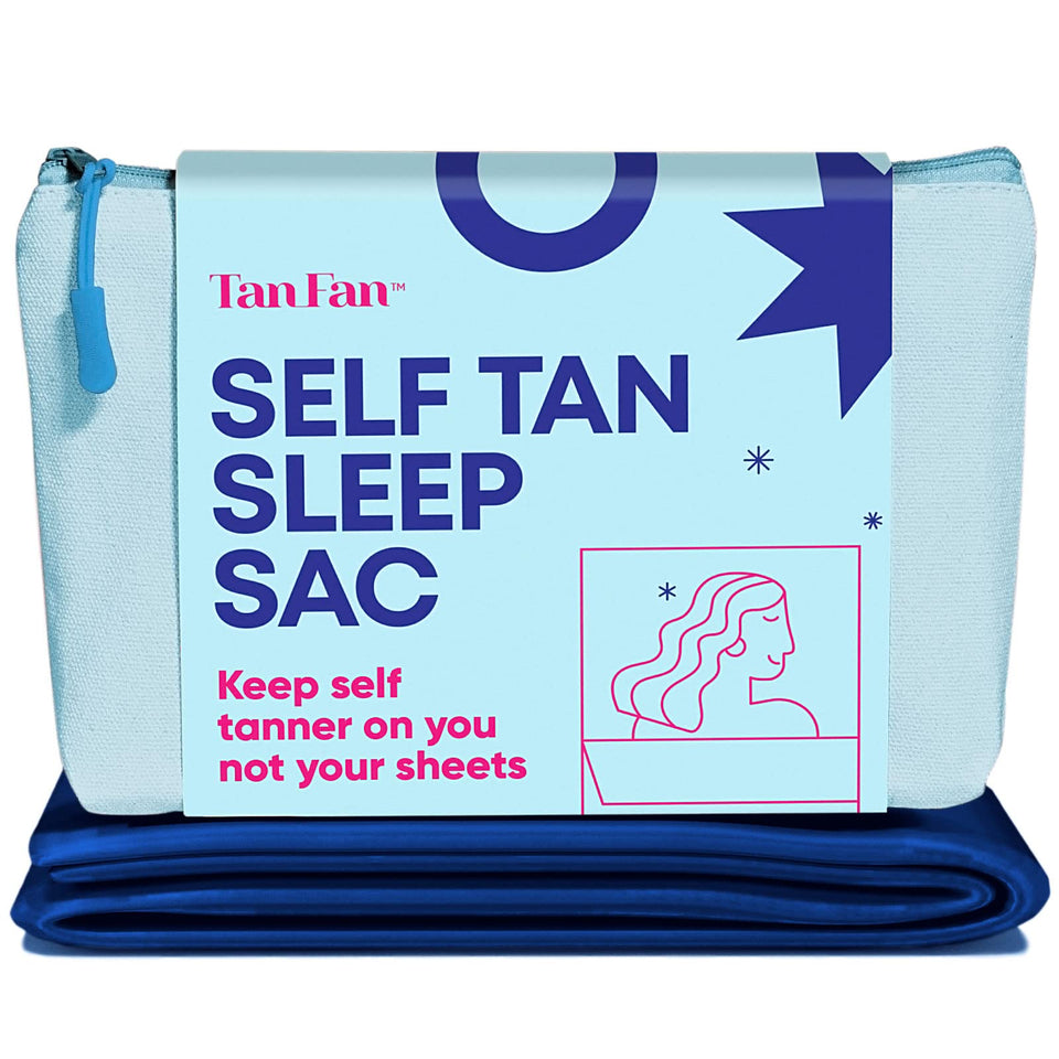 Tan Fan front view of navy sleep sac showing full coverage and protective fit