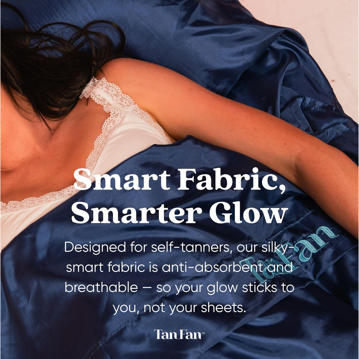 Tan Fan model sleeping in sac demonstrating comfortable, streak-free tanning benefit