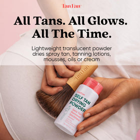 Tan Fan powder texture close-up illustrating fine talc-free formula for no white cast