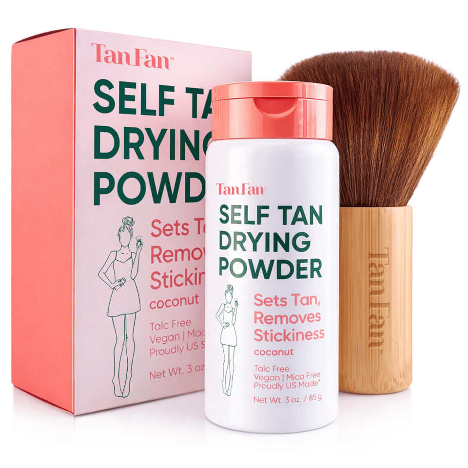 Tan Fan product front view showing powder jar and brush for quick drying