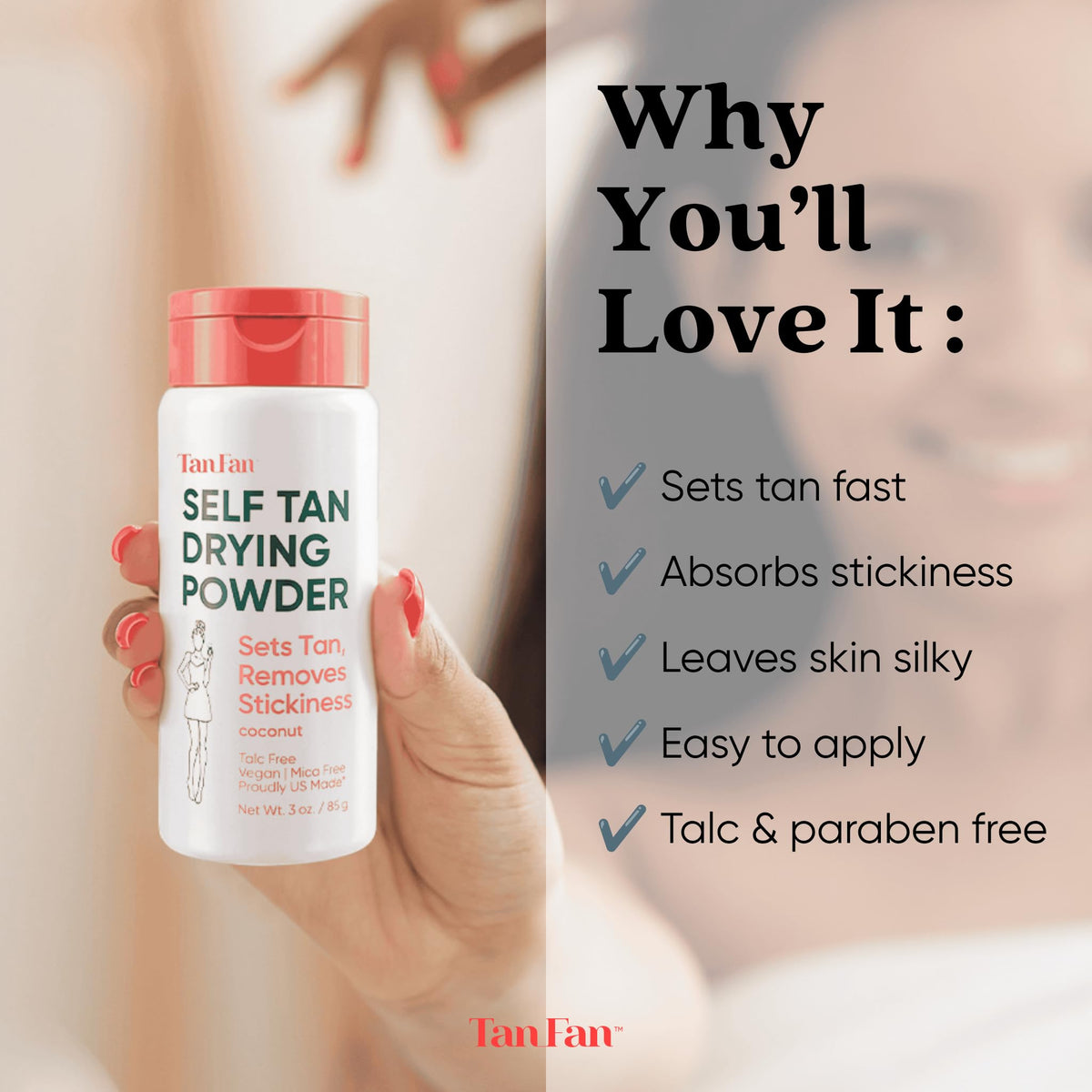 Tan Fan 3 oz bottle next to a measuring tape, shows travel-friendly size