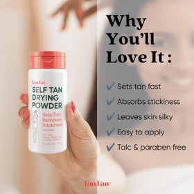 Tan Fan 3 oz bottle next to a measuring tape, shows travel-friendly size