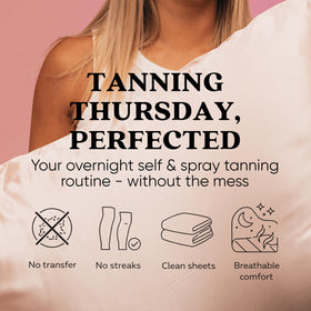 Tan Fan model wearing sleep sac in bed illustrating comfortable overnight tanning benefit
