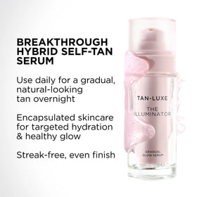 TAN-LUXE ingredient label highlighting hyaluronic acid and antioxidant benefits