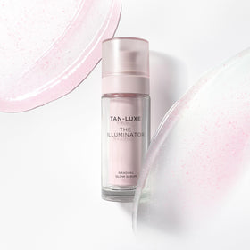 TAN-LUXE model with dewy facial glow illustrating natural-looking radiance