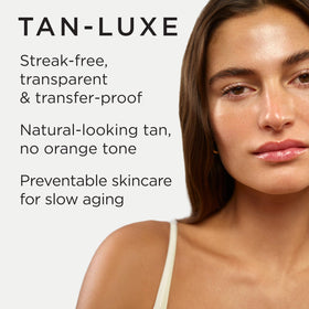 TAN-LUXE clear drops blended on skin, shows smooth texture and glow