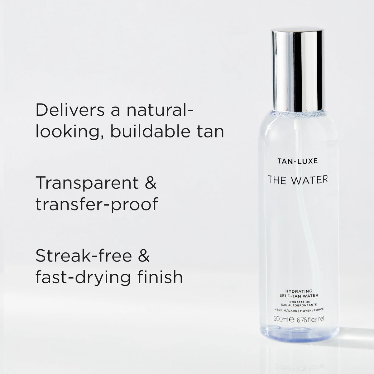 TAN-LUXE close-up label showing ingredients list and vitamin benefits
