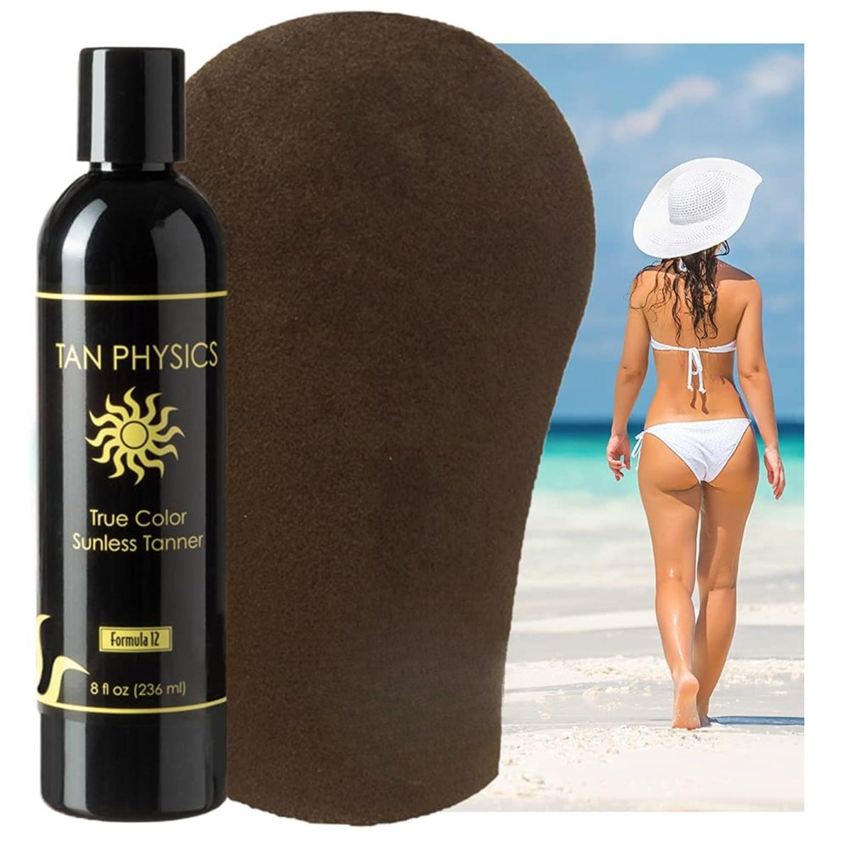 Tan Physics application with tanning mitt demonstrating streak-free, easy coverage