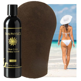 Tan Physics application with tanning mitt demonstrating streak-free, easy coverage