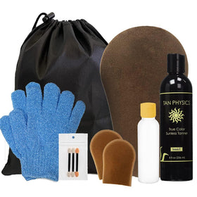 Tan Physics front package showing full 11-piece tanning kit and benefits