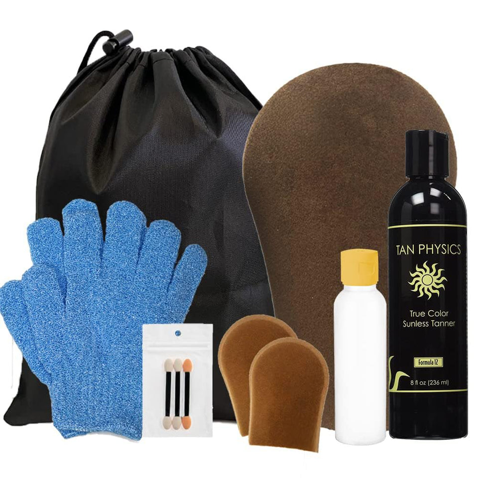 Tan Physics front package showing full 11-piece tanning kit and benefits