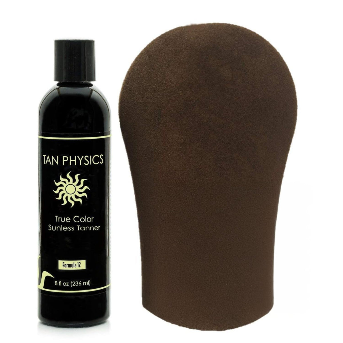 Tan Physics front packaging 8oz showing product label and included mitt for confidence