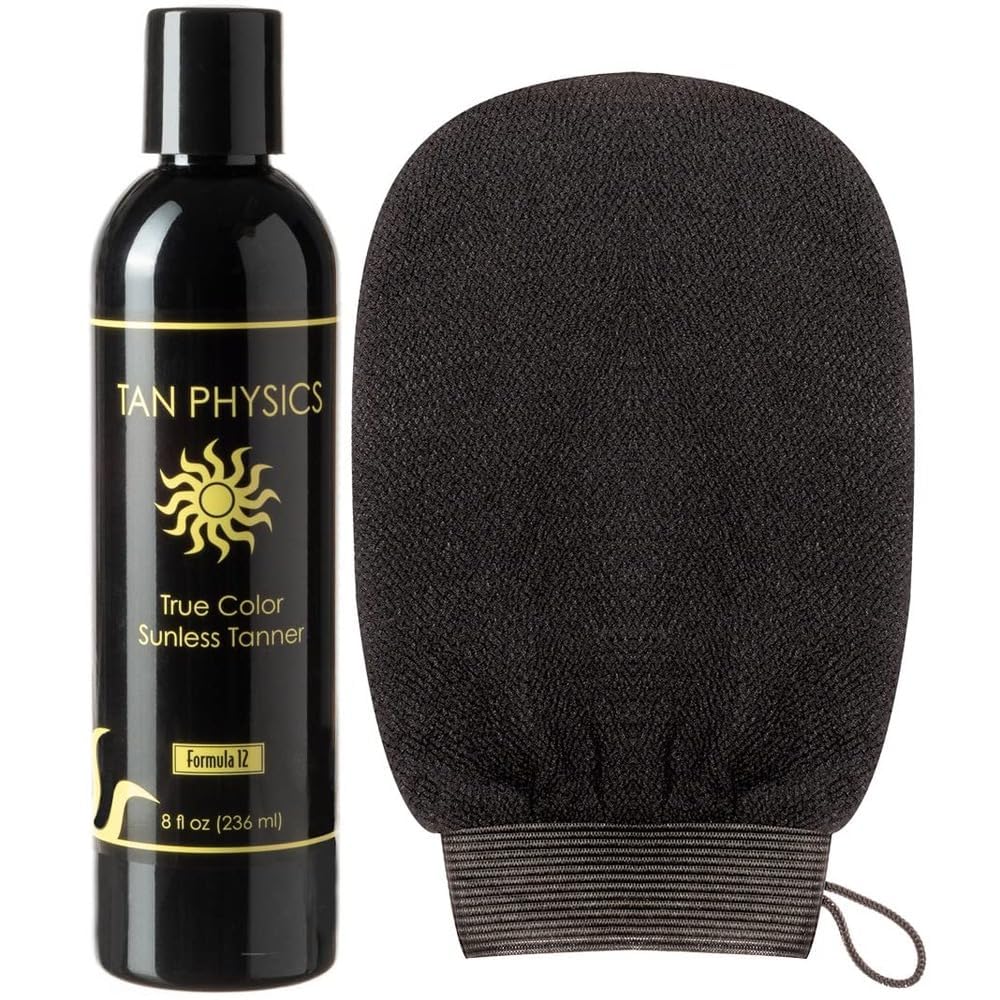 Tan Physics front packaging showing 8oz bottle and mitt for convenient application