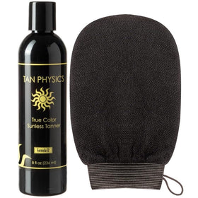 Tan Physics front packaging showing 8oz bottle and mitt for convenient application