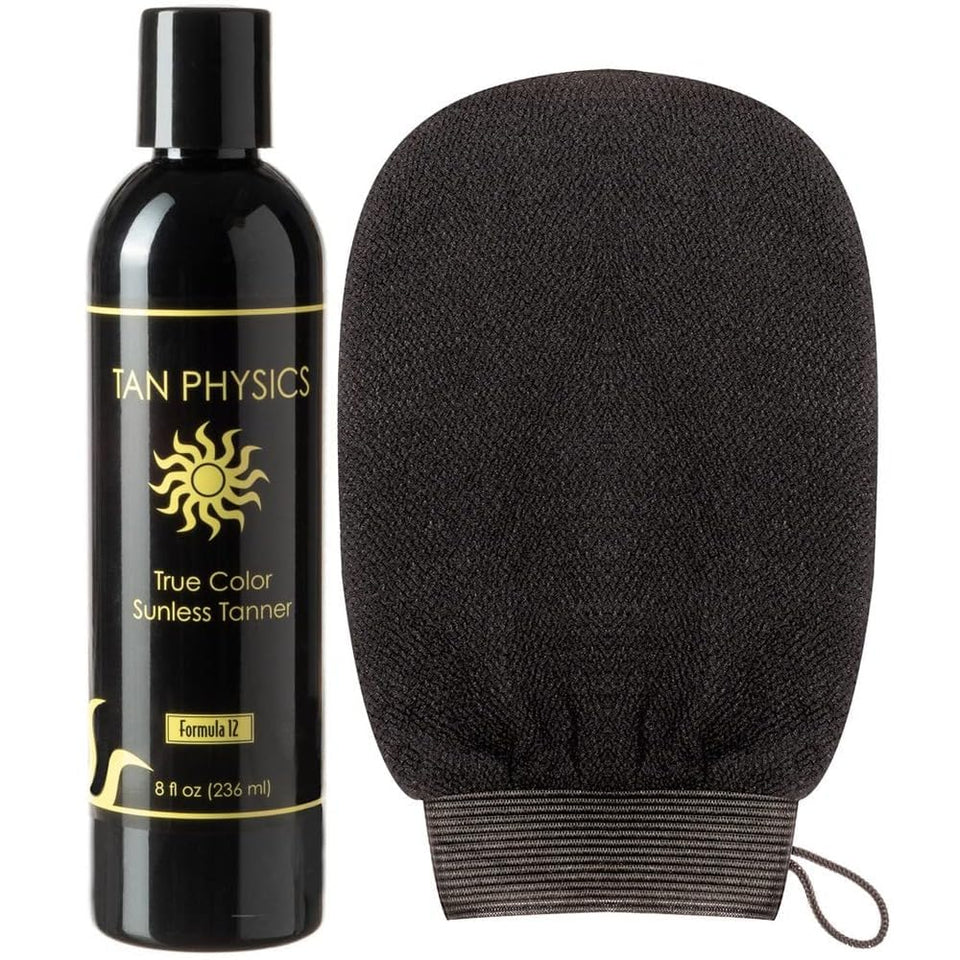 Tan Physics front packaging showing 8oz bottle and mitt for convenient application