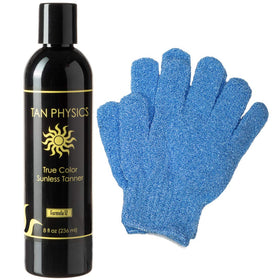 Tan Physics front packaging showing bottle and gloves for easy-touse tan