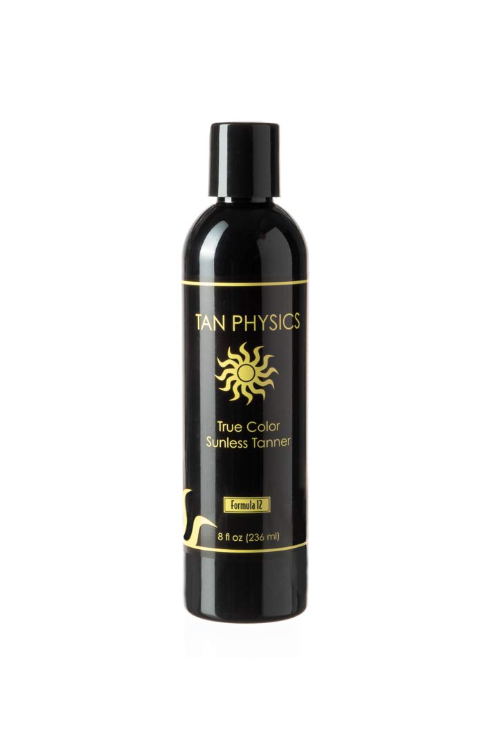Tan Physics bottle front packaging showing label and natural tan benefits