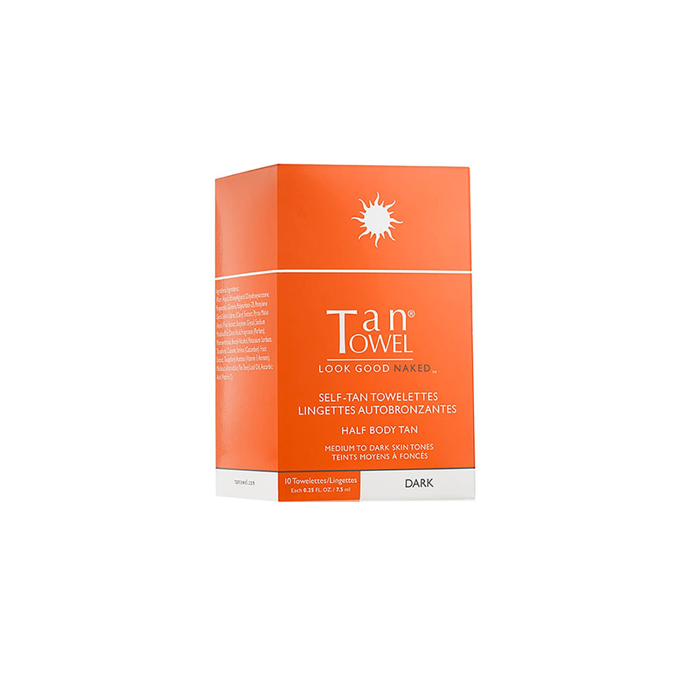 Tan Towel pack front view showing 10-count towelettes, quick and convenient