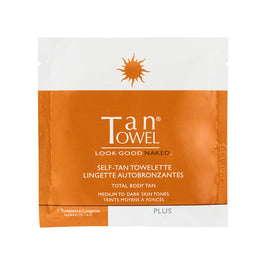 Tan Towel being wiped on leg for even bronze and quick application benefit