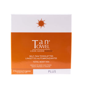 Tan Towel pack front view showing branding and five-count useful for travel