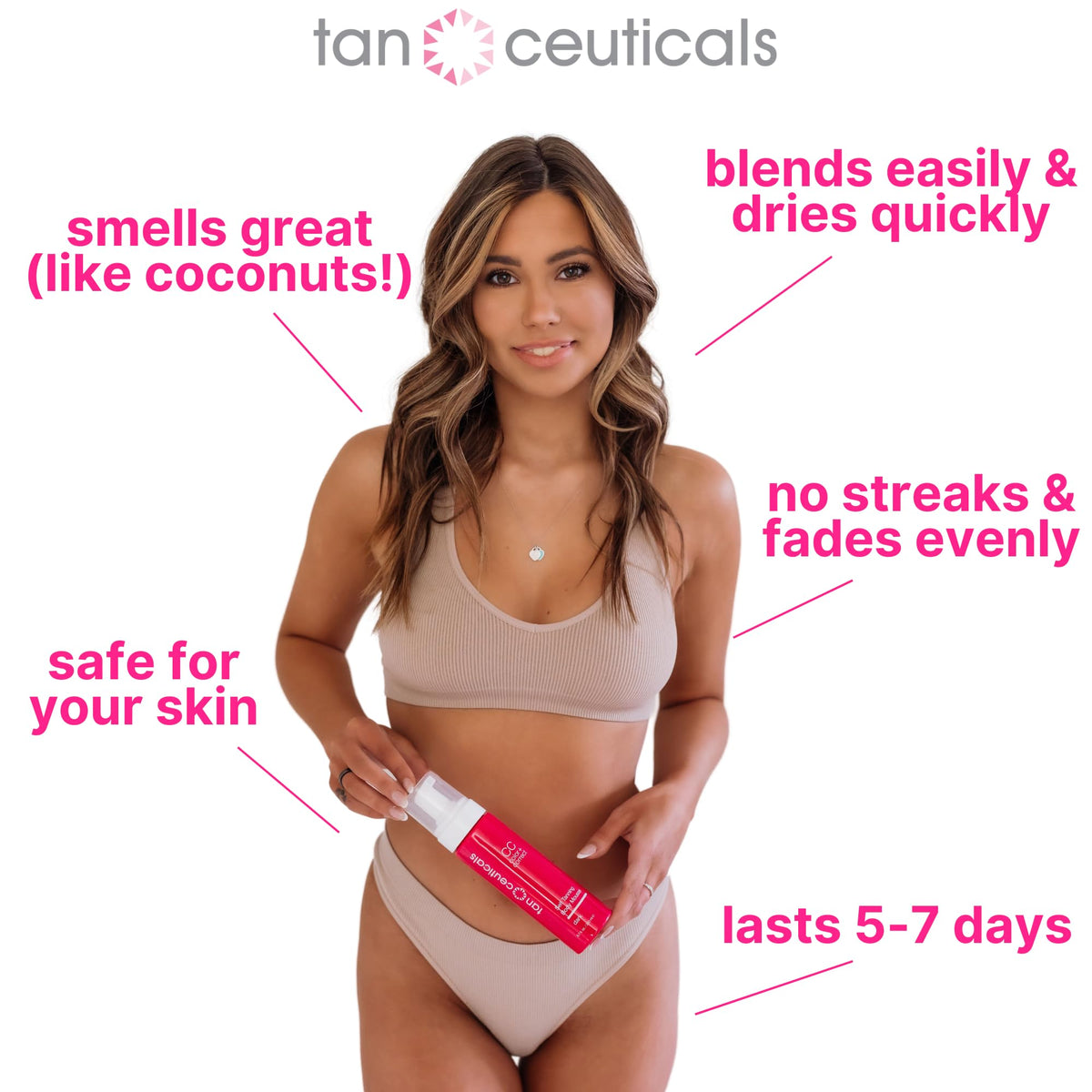 Tanceuticals before and after arm comparison showing natural, deep color payoff