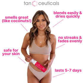 Tanceuticals before and after arm comparison showing natural, deep color payoff