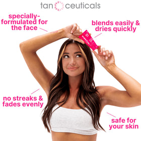 Tanceuticals bottle beside coin showing compact 1.7 oz portability